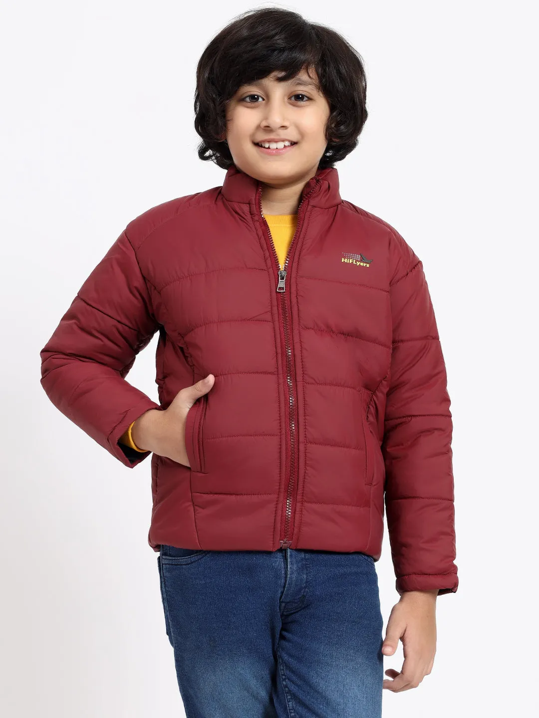 HiFlyers Boys Regular Fit | Polyster |Fluffy Full Sleeves |Quilted Insulation|High Neck Stand Collar|Zipper Jacket -Red