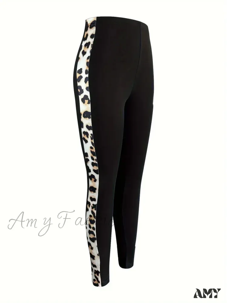 High Waist Leopard Print Side Panel Stretchy Sports Fitness Workout Tights Leggings