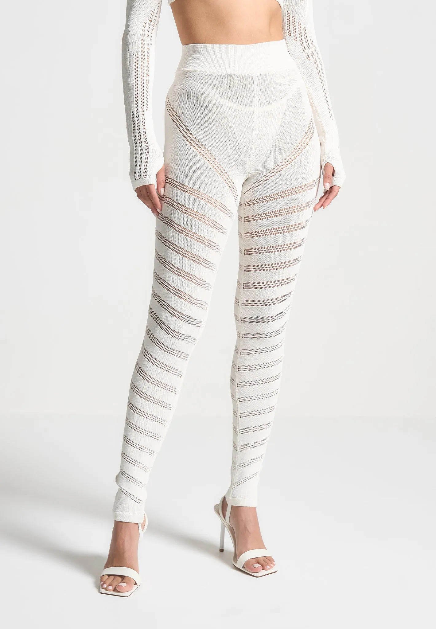 High Waisted Knitted Spiral Contour Leggings - White