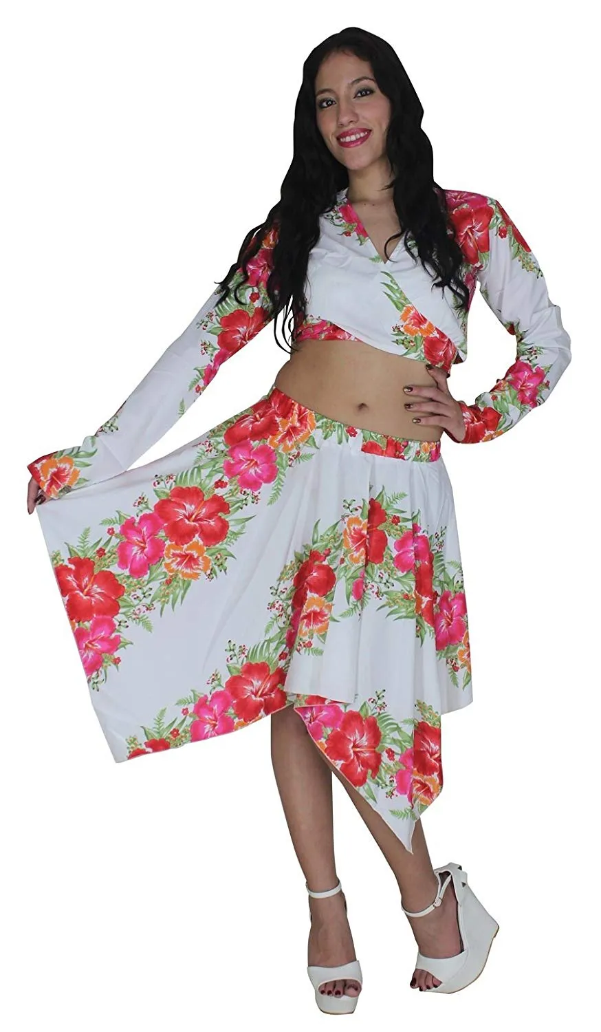 La LEELA Beach Cover ups Likre Flower Printed Long Sleeve Top White Pink Red