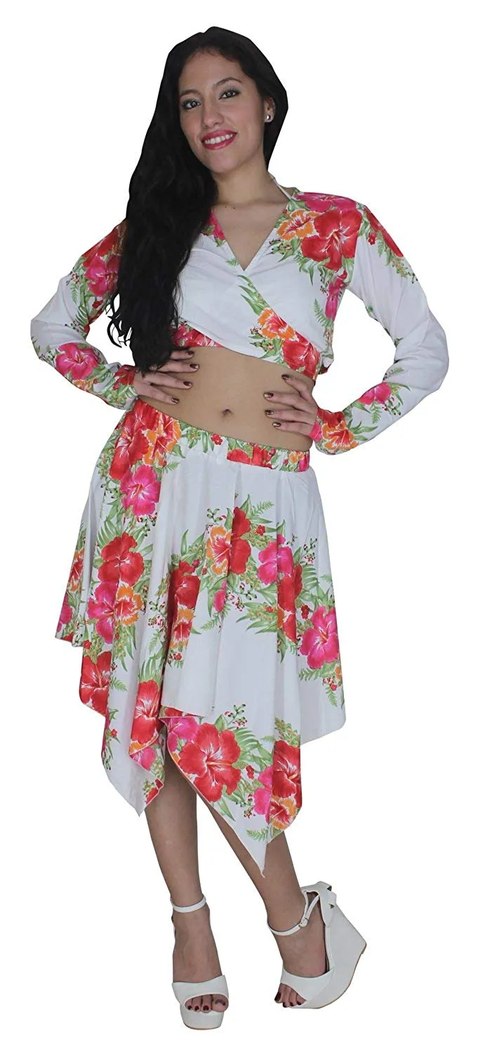 La LEELA Beach Cover ups Likre Flower Printed Long Sleeve Top White Pink Red