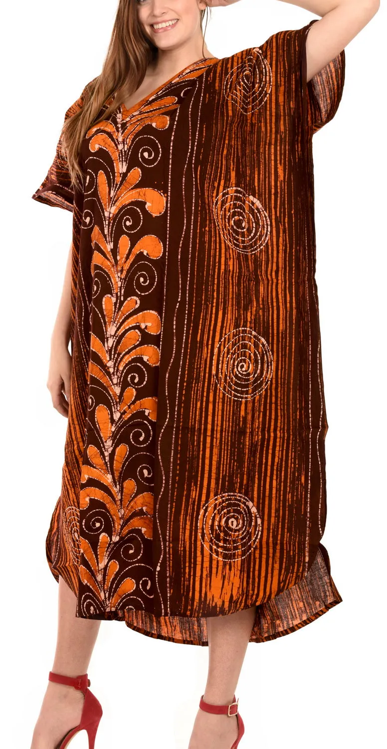 LA LEELA Cotton Batik Printed Women's Kaftan Kimono Summer Beachwear Cover up Dress  Brown_D315