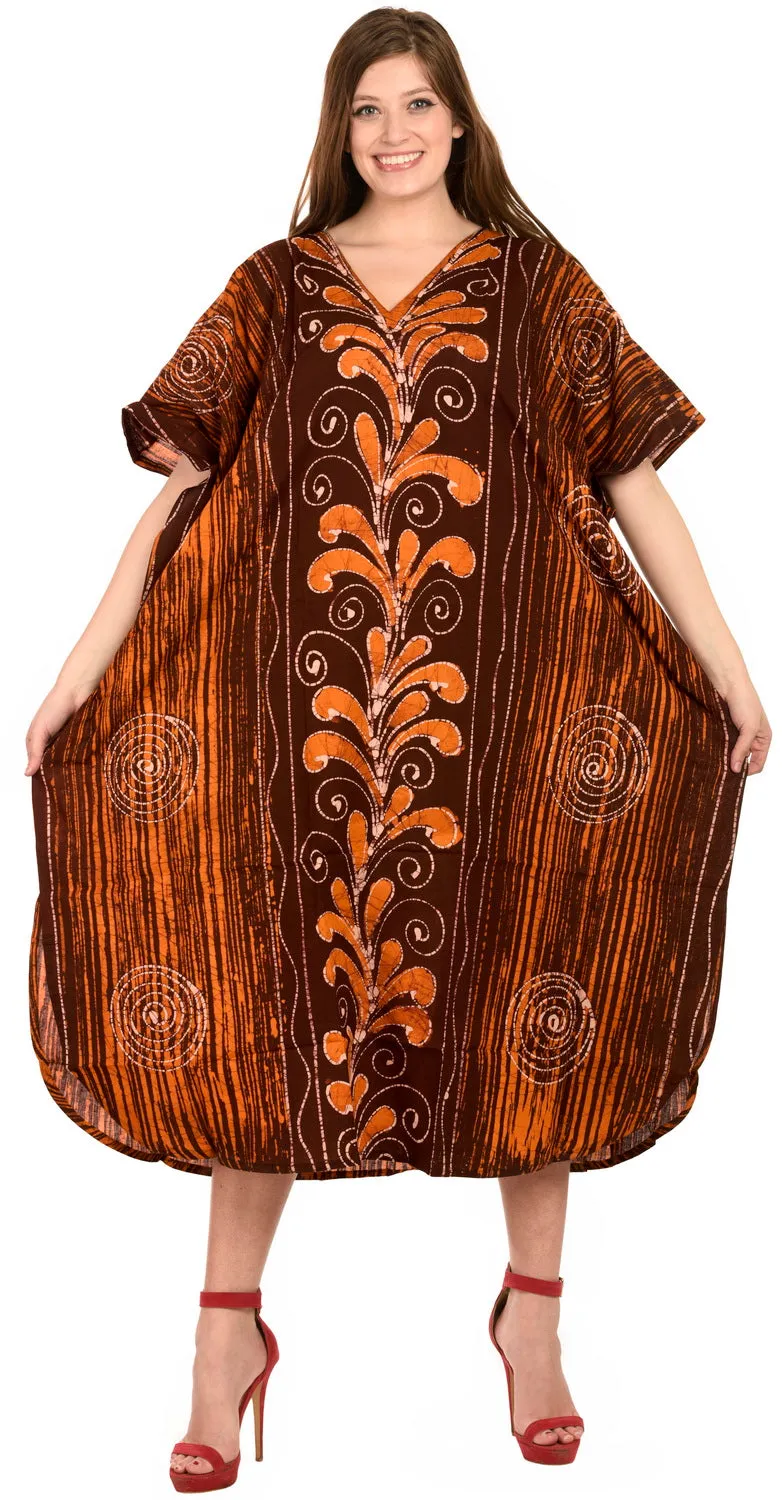 LA LEELA Cotton Batik Printed Women's Kaftan Kimono Summer Beachwear Cover up Dress  Brown_D315