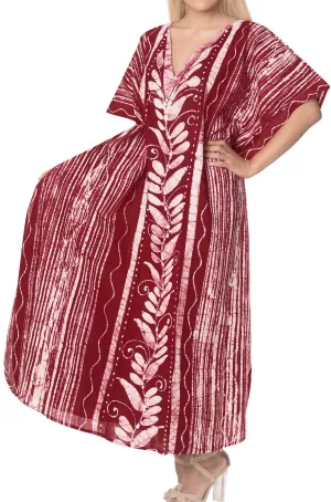 LA LEELA Cotton Batik Printed Women's Kaftan Kimono Summer Beachwear Cover up Dress OSFM 14-18W [L- 2X] Maroon_B40