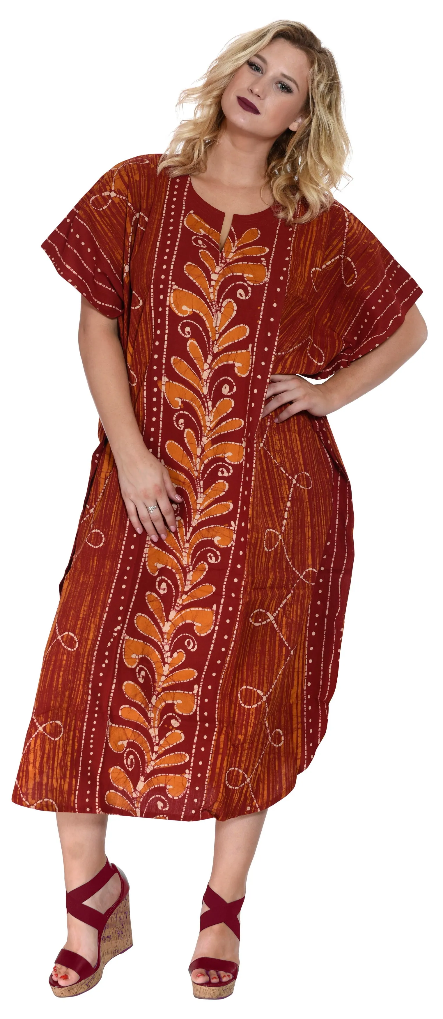 LA LEELA Cotton Batik Printed Women's Kaftan Kimono Summer Beachwear Cover up Dress OSFM 14-18W [L- 2X] Pumpkin Orange_R736