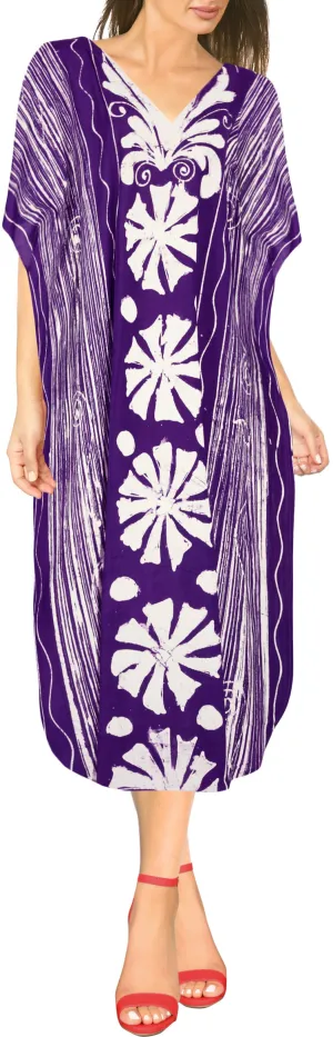 LA LEELA Cotton Batik Printed Women's Kaftan Kimono Summer Beachwear Cover up Dress OSFM 14-18W [L- 2X] Violet_B32