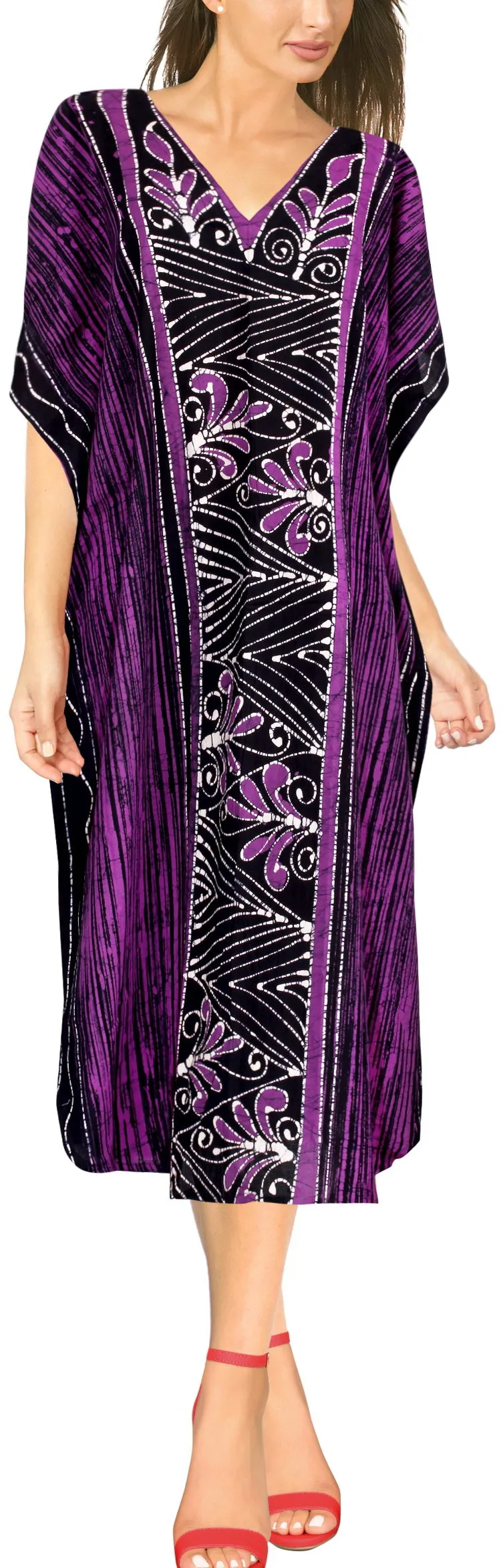 LA LEELA Cotton Batik Printed Women's Kaftan Kimono Summer Beachwear Cover up Dress Purple_D273