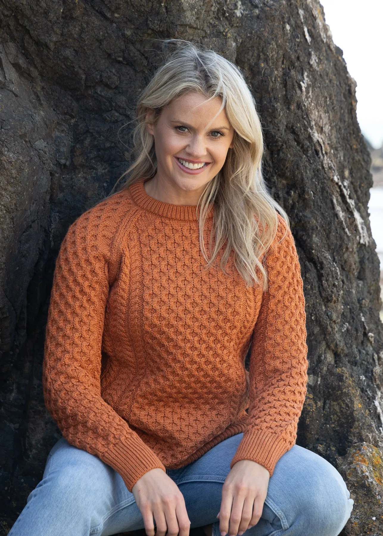 Ladies Slim-Fit Aran Sweater | Terracotta