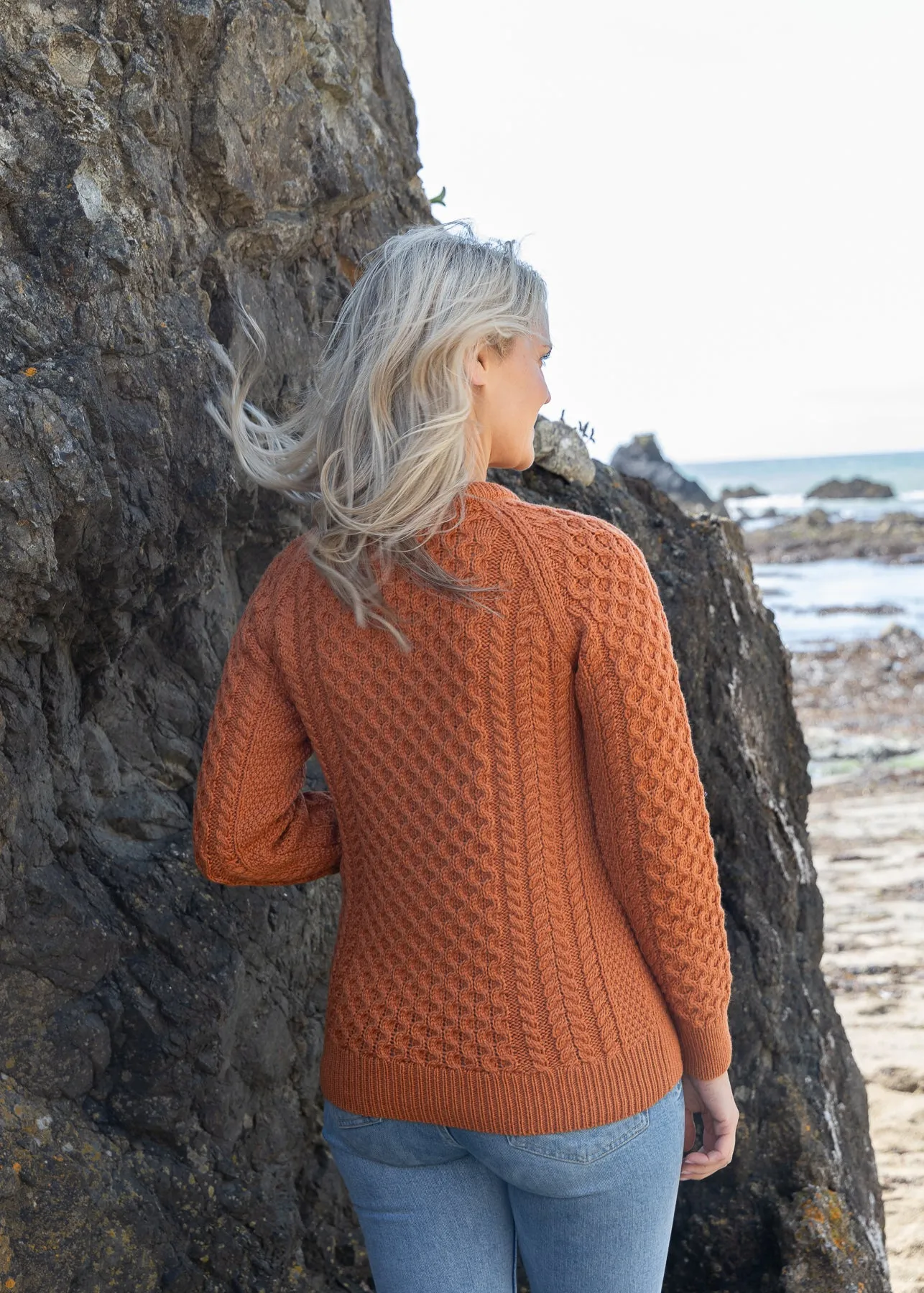 Ladies Slim-Fit Aran Sweater | Terracotta