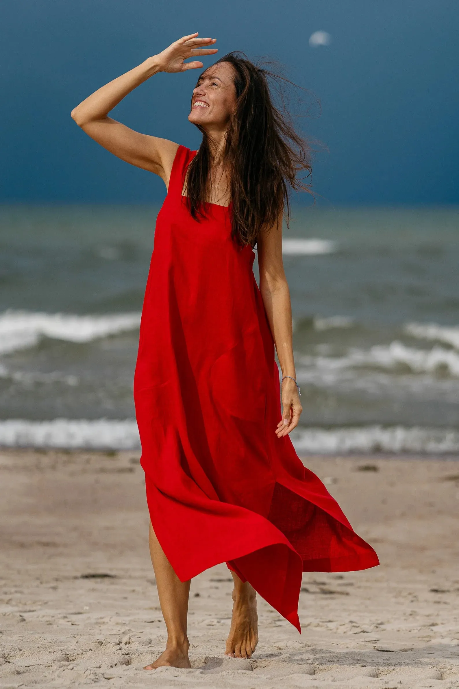 Linen Strap MAXI Dress ADELE In Red