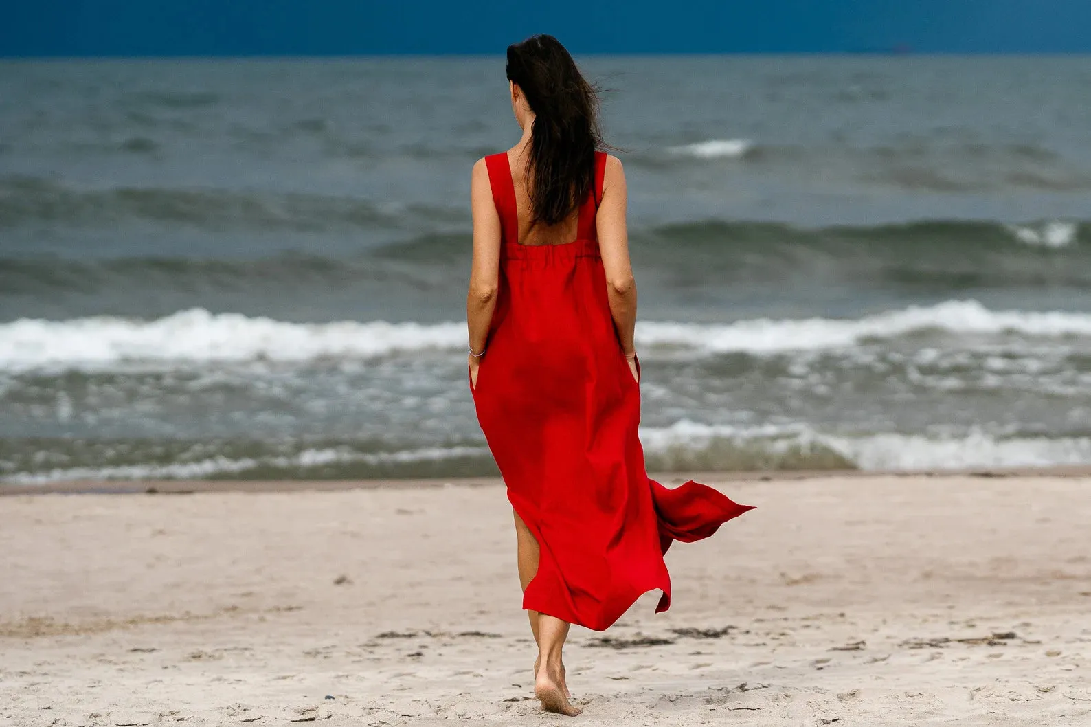 Linen Strap MAXI Dress ADELE In Red