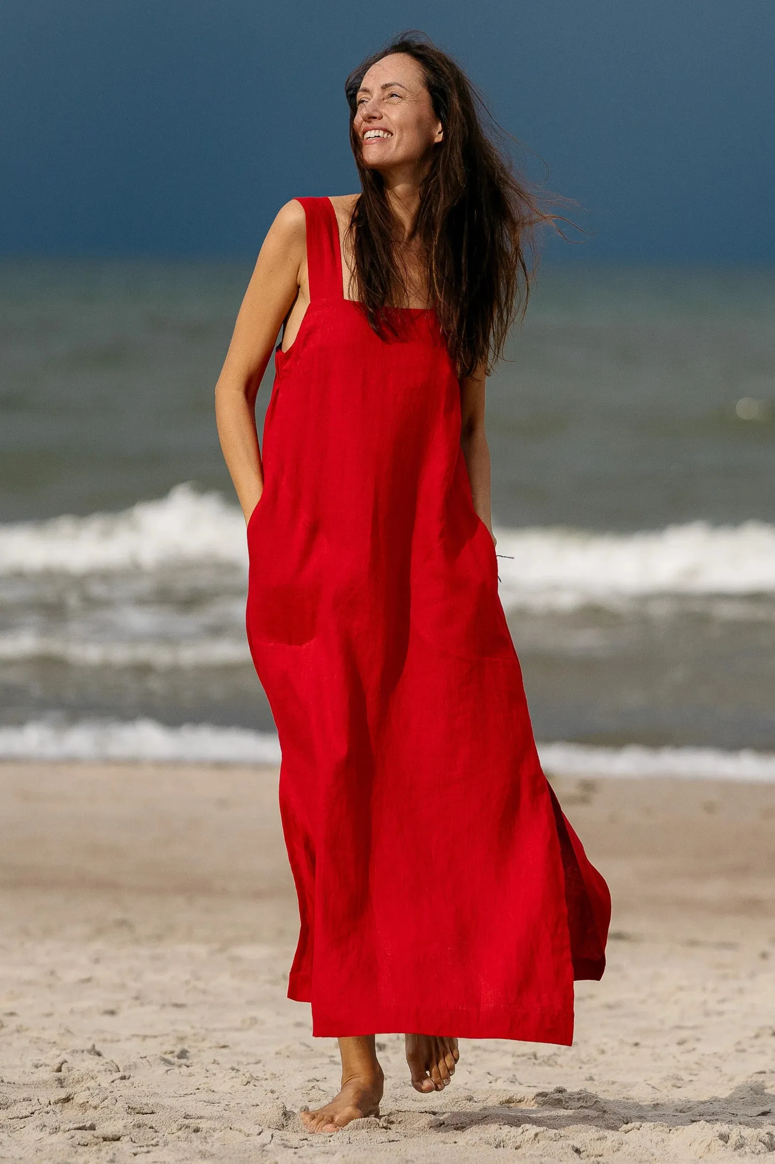 Linen Strap MAXI Dress ADELE In Red