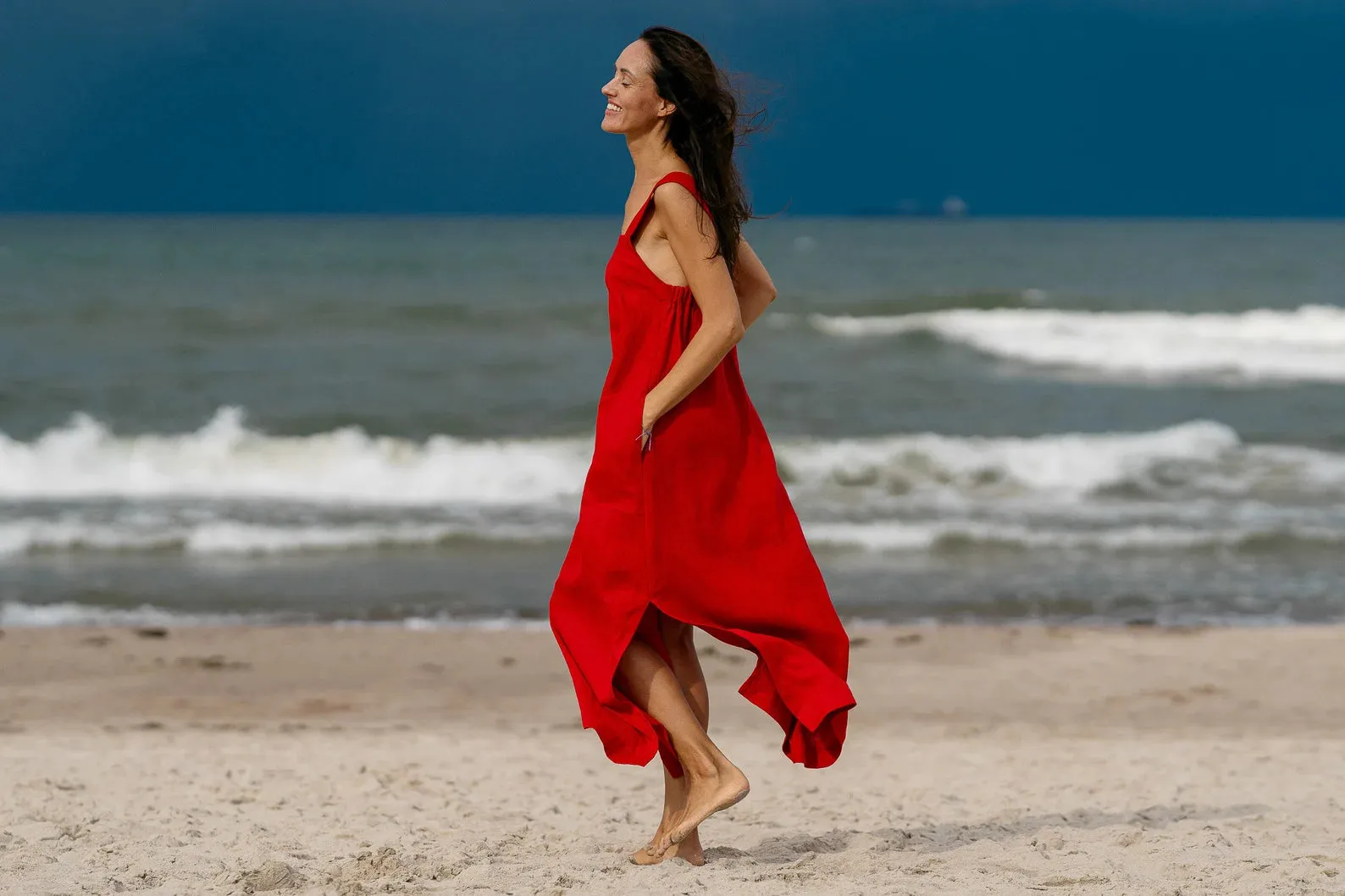 Linen Strap MAXI Dress ADELE In Red