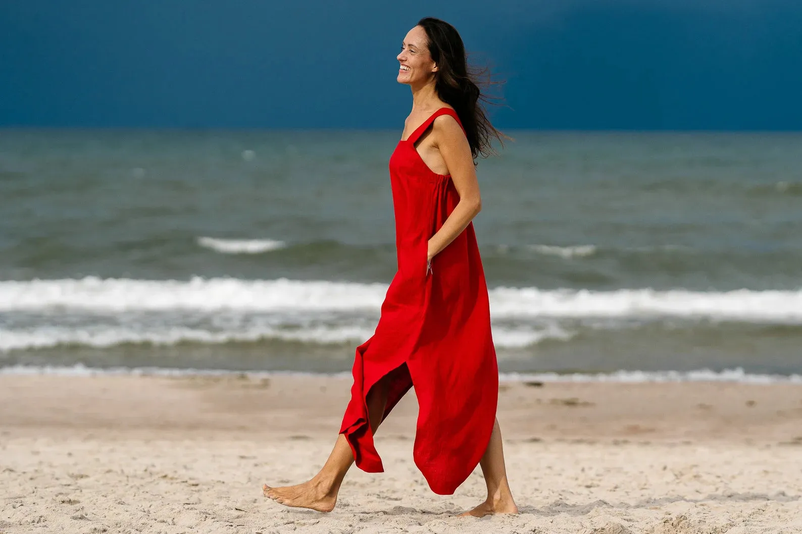 Linen Strap MAXI Dress ADELE In Red