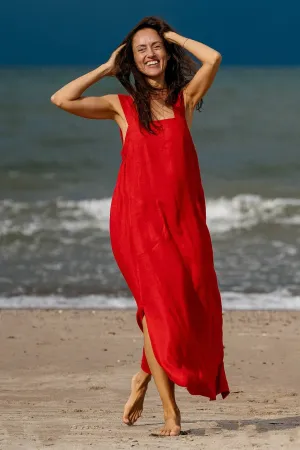 Linen Strap MAXI Dress ADELE In Red