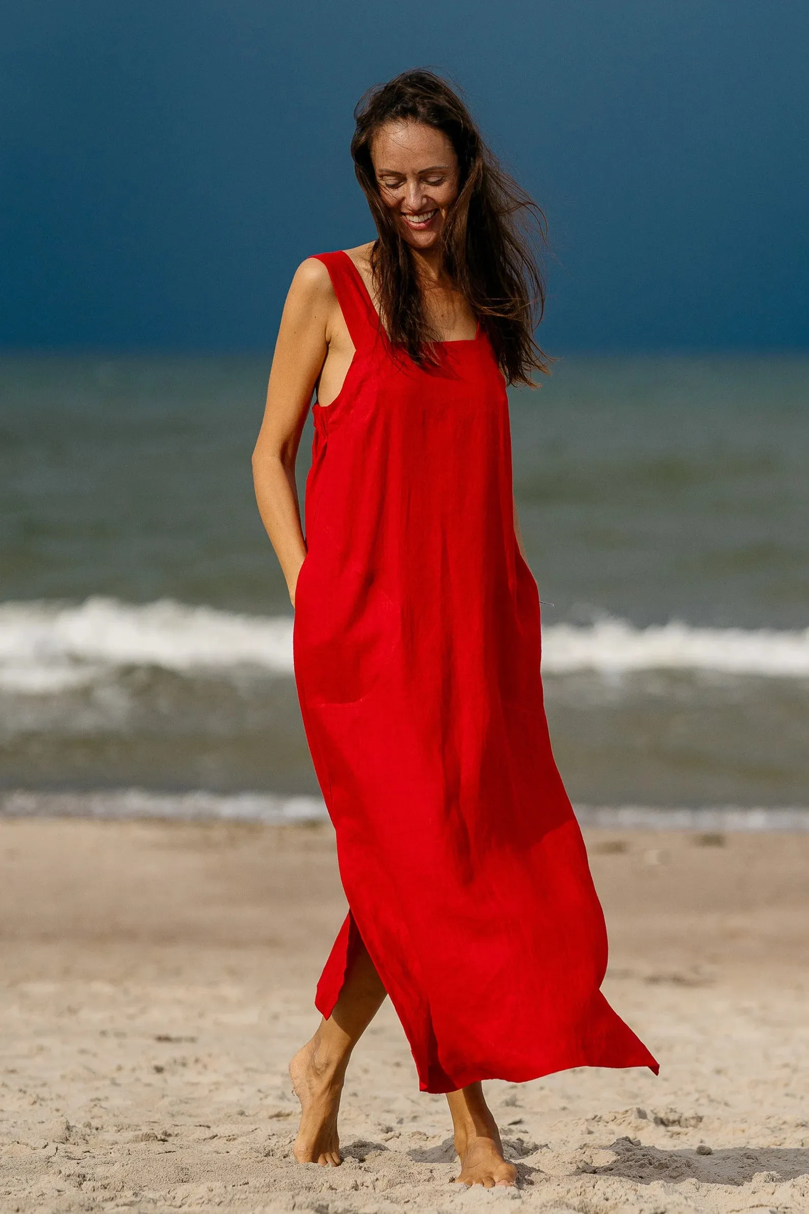 Linen Strap MAXI Dress ADELE In Red