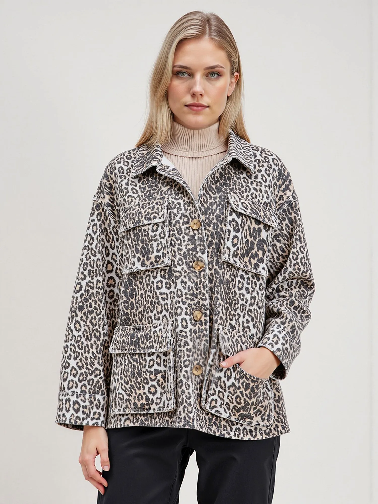 Long Sleeves Denim Leopard Barn Jacket