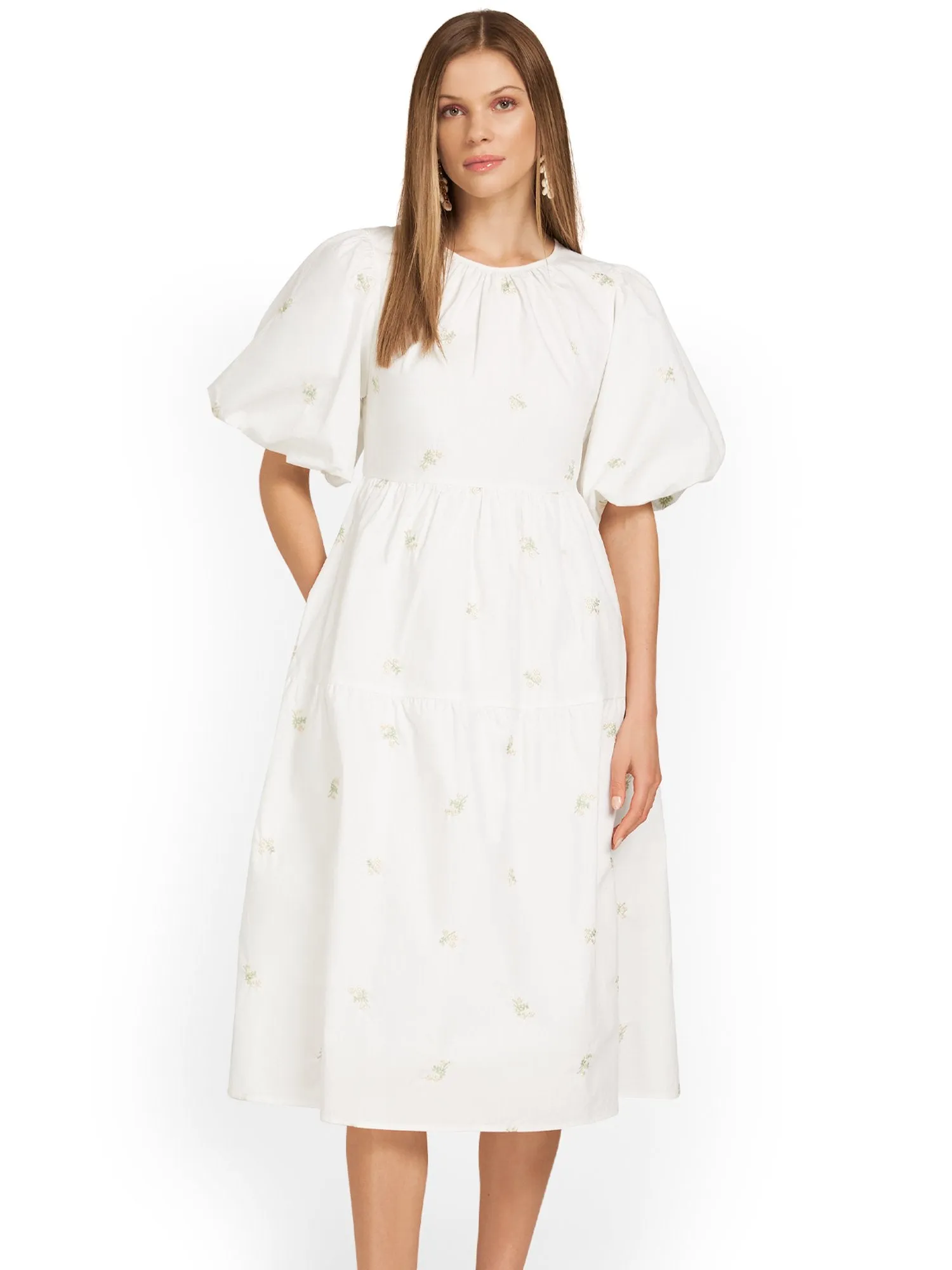 Moodie Embroidered Poplin Puff-Sleeve Midi Dress - Brands We Love