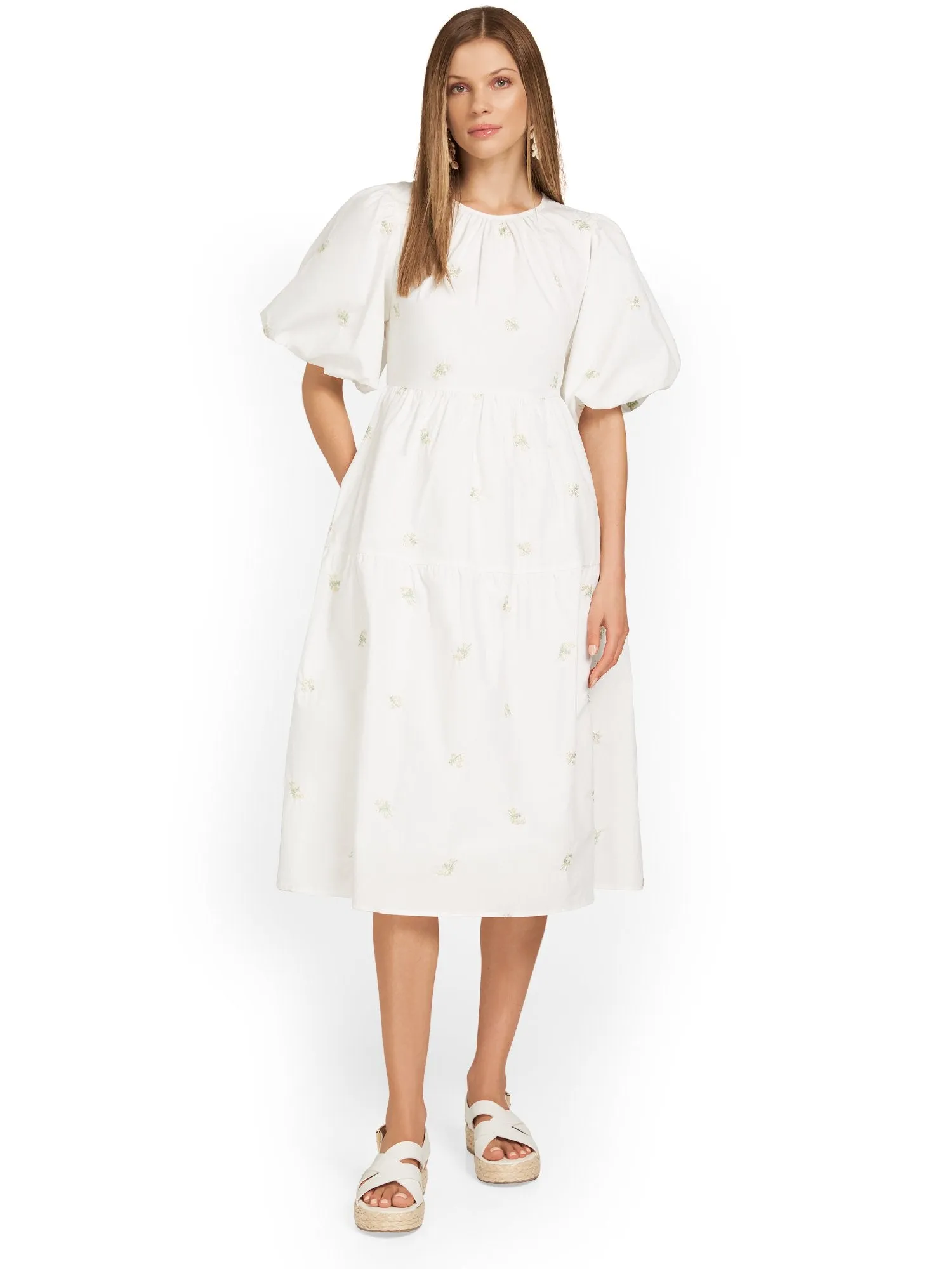 Moodie Embroidered Poplin Puff-Sleeve Midi Dress - Brands We Love