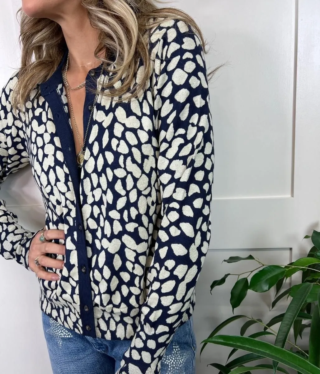 Navy Animal Print Classic Cardigan