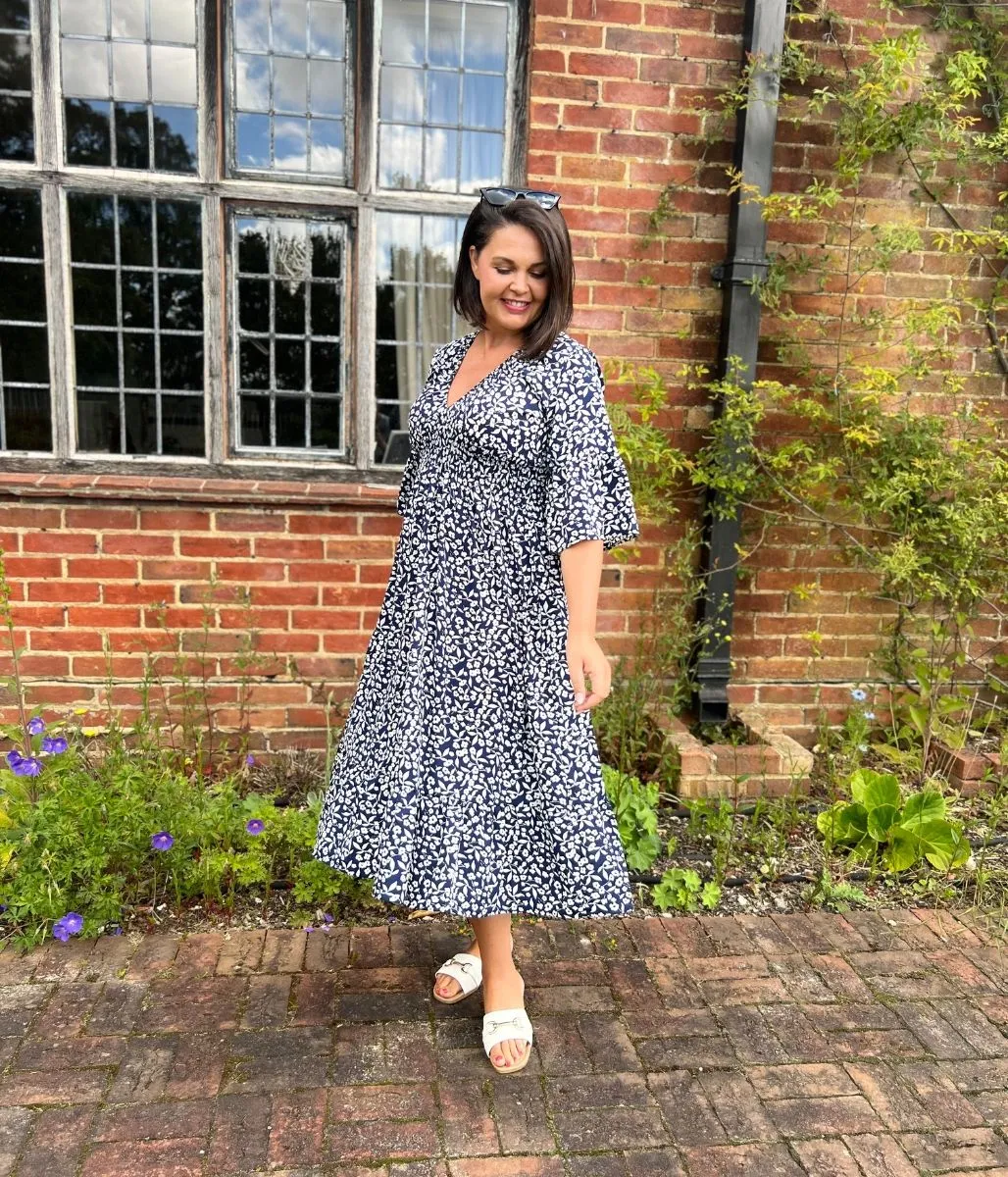 Navy Blue Shirred Detail Printed Midi Dress