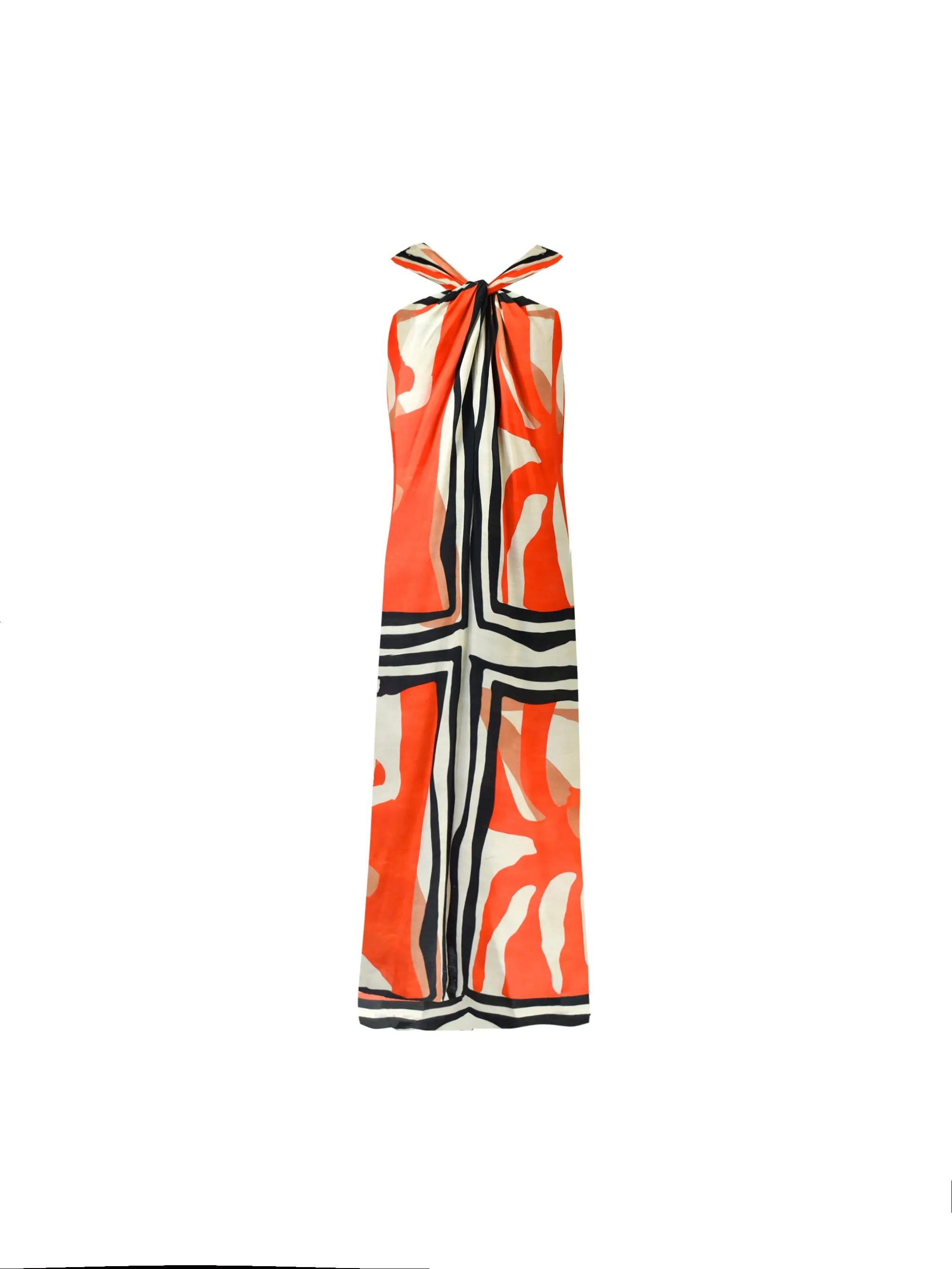 Orange Placement Print Twist Neck Dress