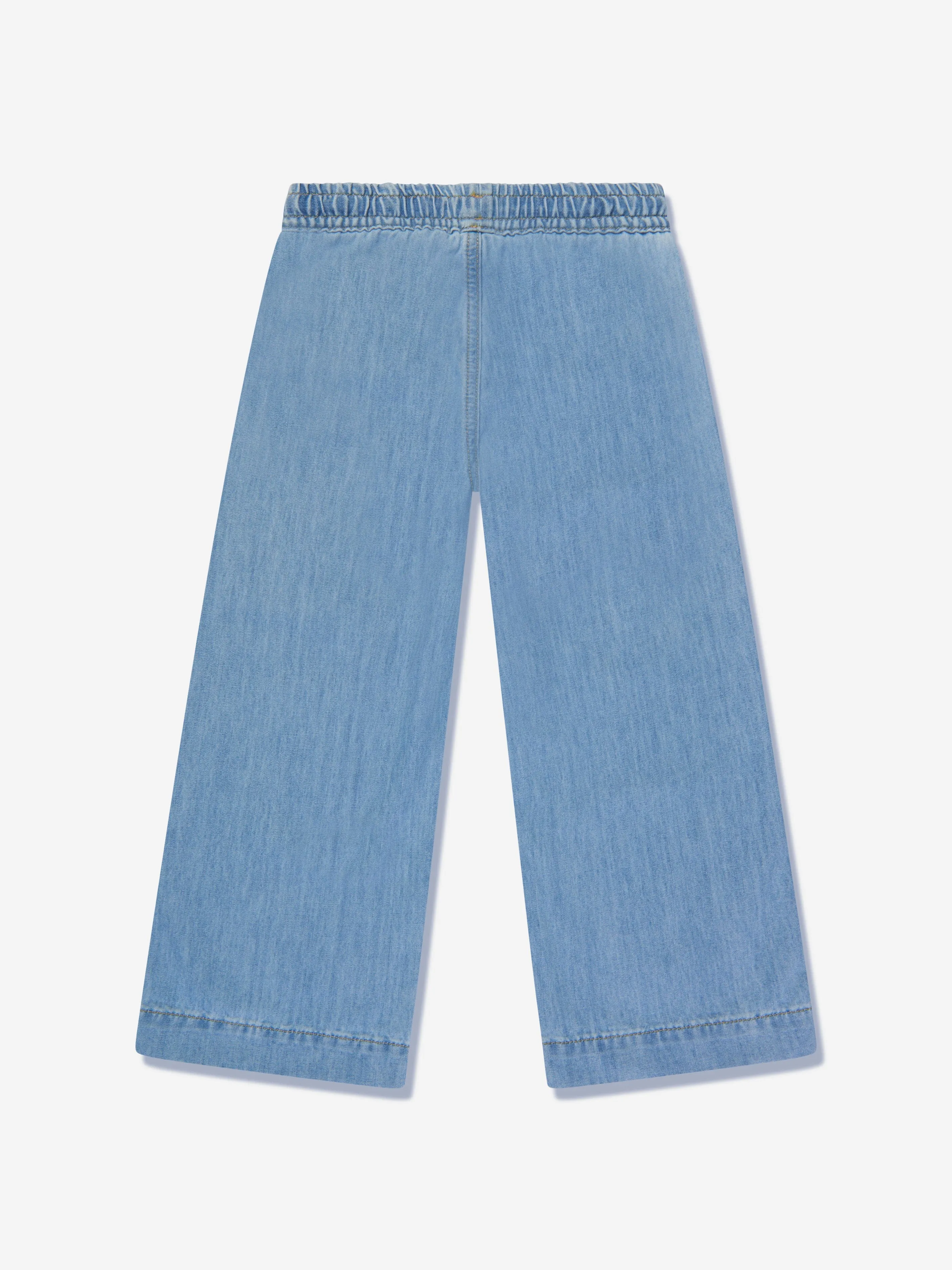 Palm Angels Girls Track Wide Leg Chambray Pants in Blue