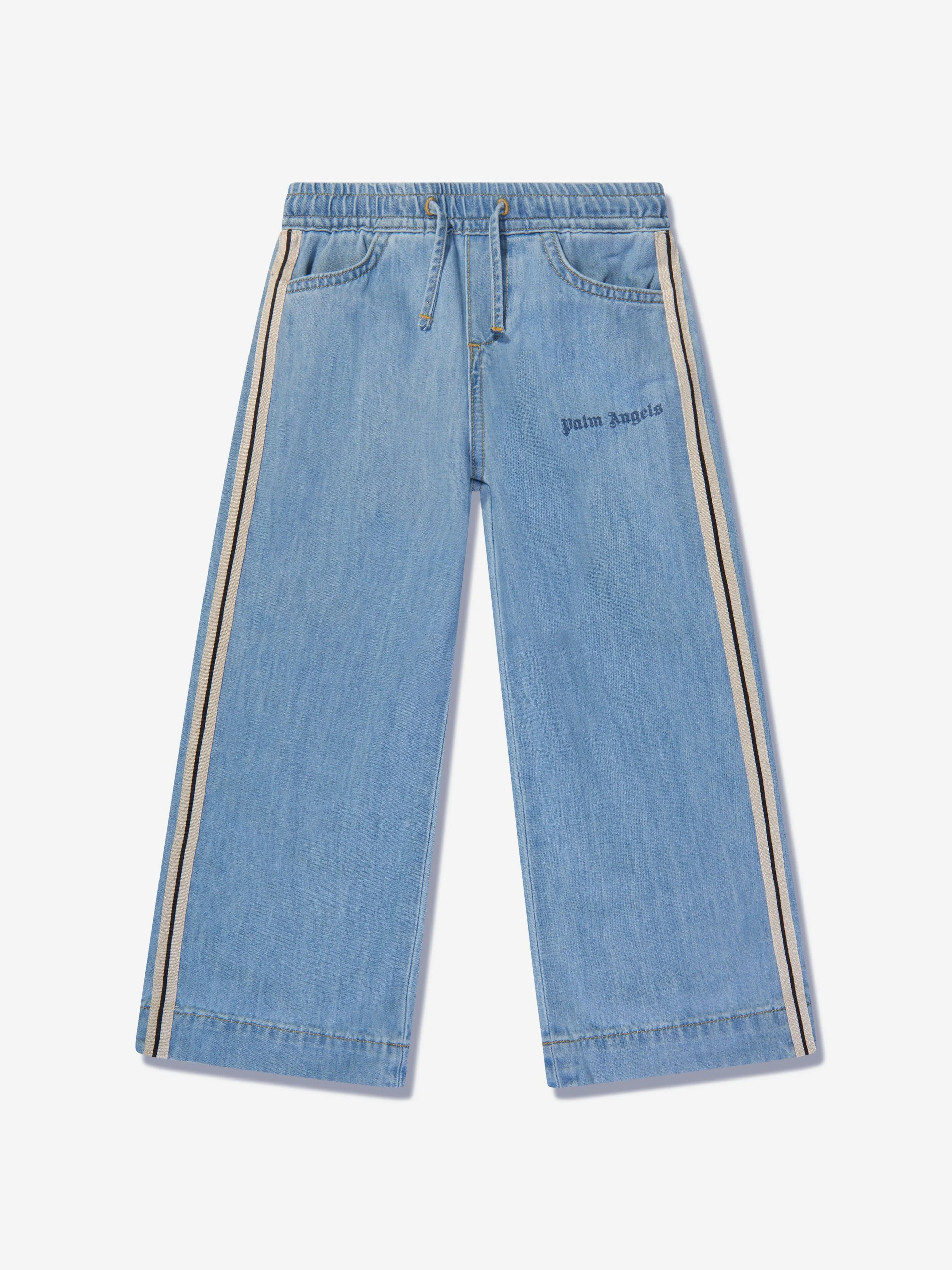 Palm Angels Girls Track Wide Leg Chambray Pants in Blue