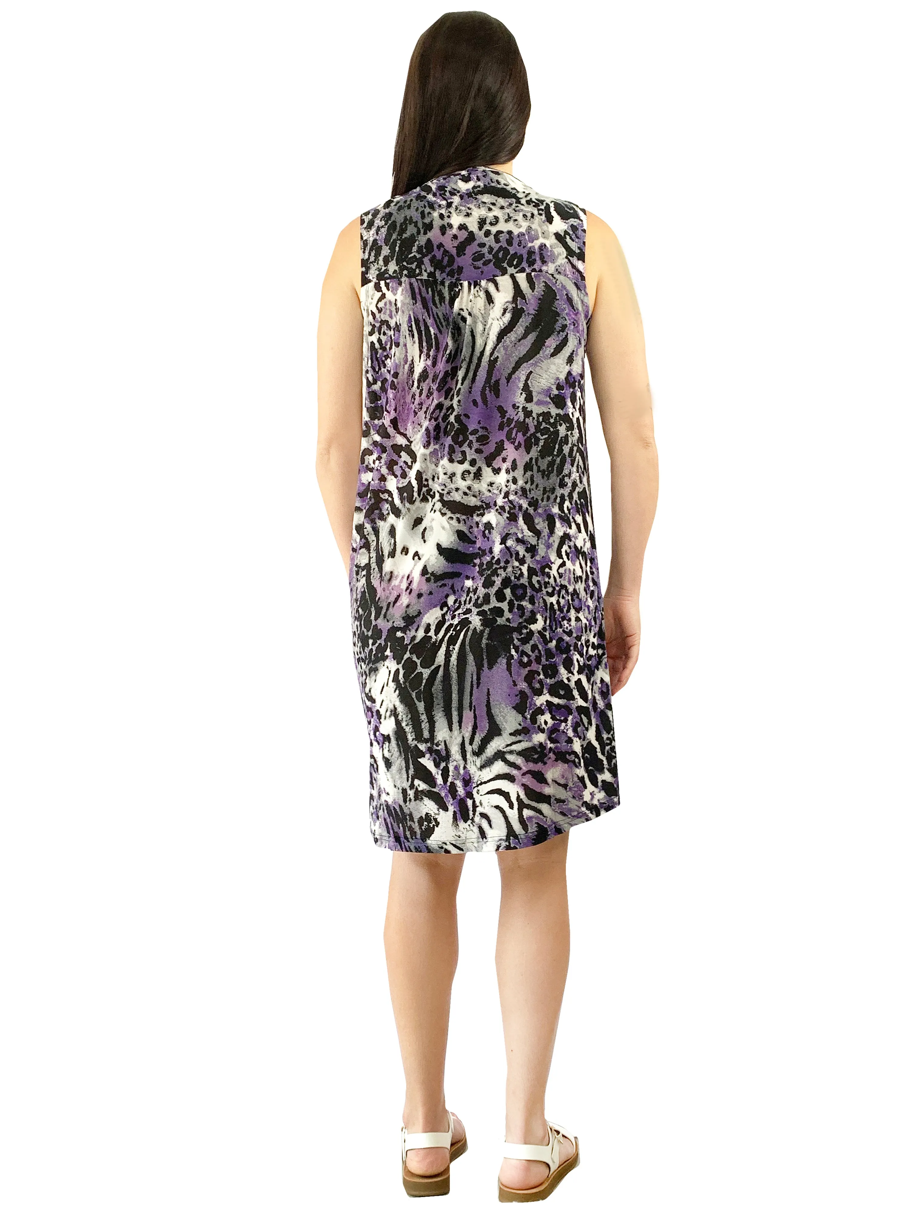 Pleat Front Sleeveless Purple Cheetah Print Dress