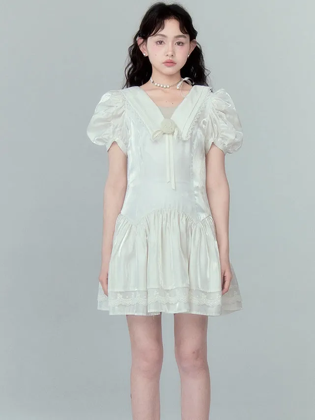 Rose Streamer Puff Sleeve V-Neck Dress