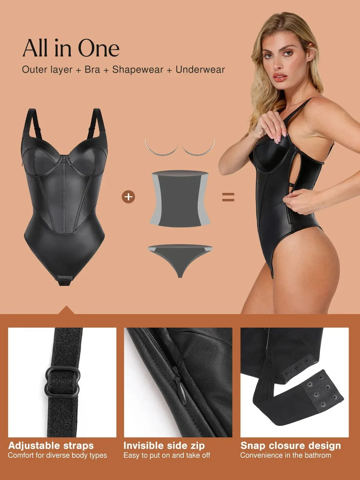 Shapewear Faux Leather Hourglass Corset Bodysuit