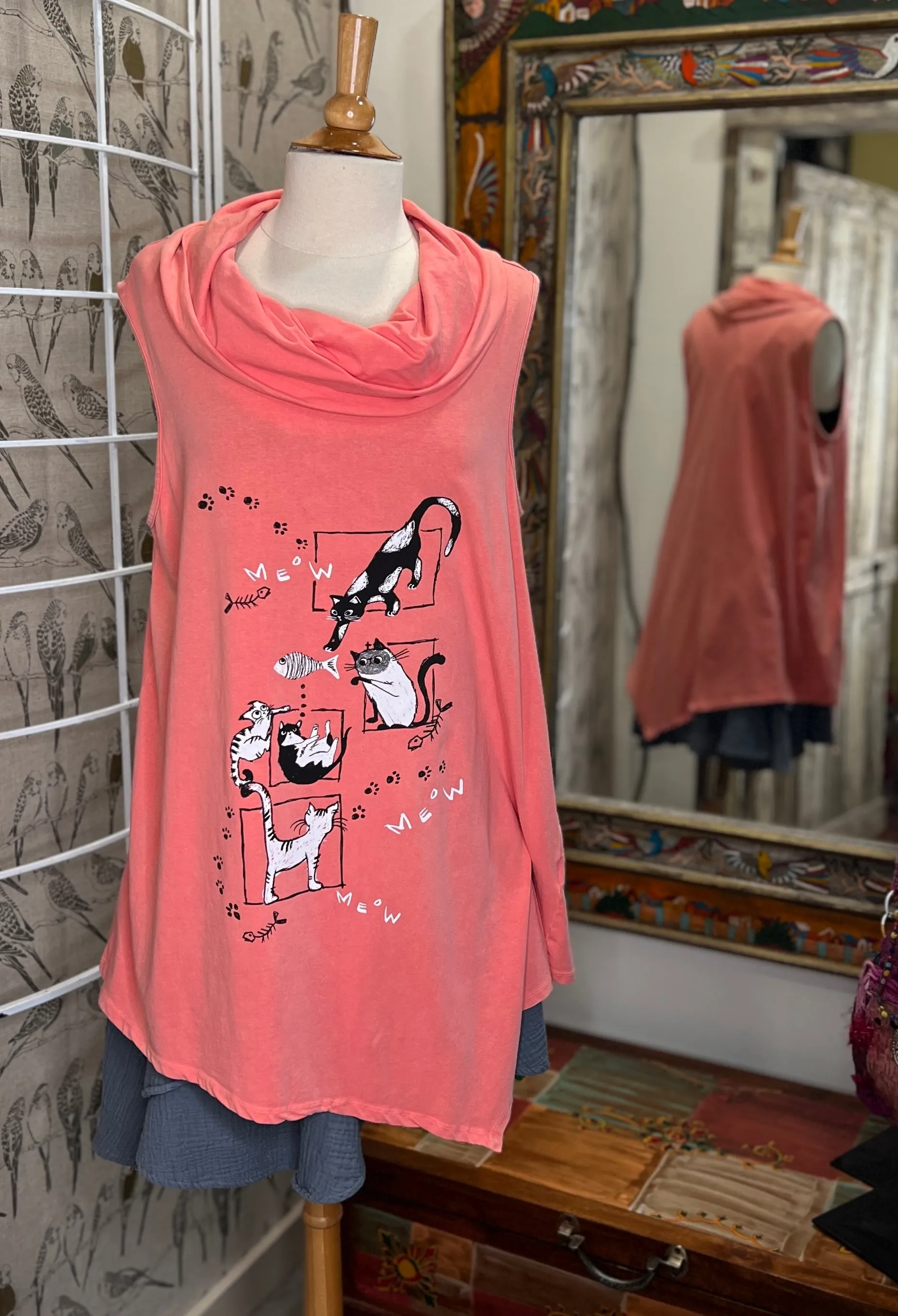 Sleeveless Sharkbite Cowl Tunic in "Whiskers Meeting" Print by Doodles