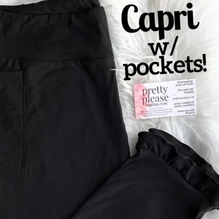 Solid Black FLUTTER RUFFLE HEM CAPRI W/ POCKETS Super SOFT Yoga Band Leggings Plus OS TC Capris rts