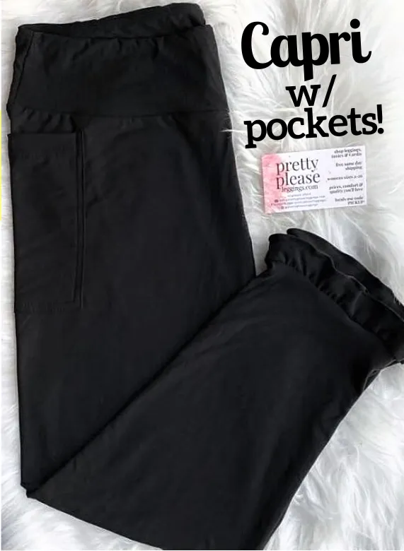 Solid Black FLUTTER RUFFLE HEM CAPRI W/ POCKETS Super SOFT Yoga Band Leggings Plus OS TC Capris rts