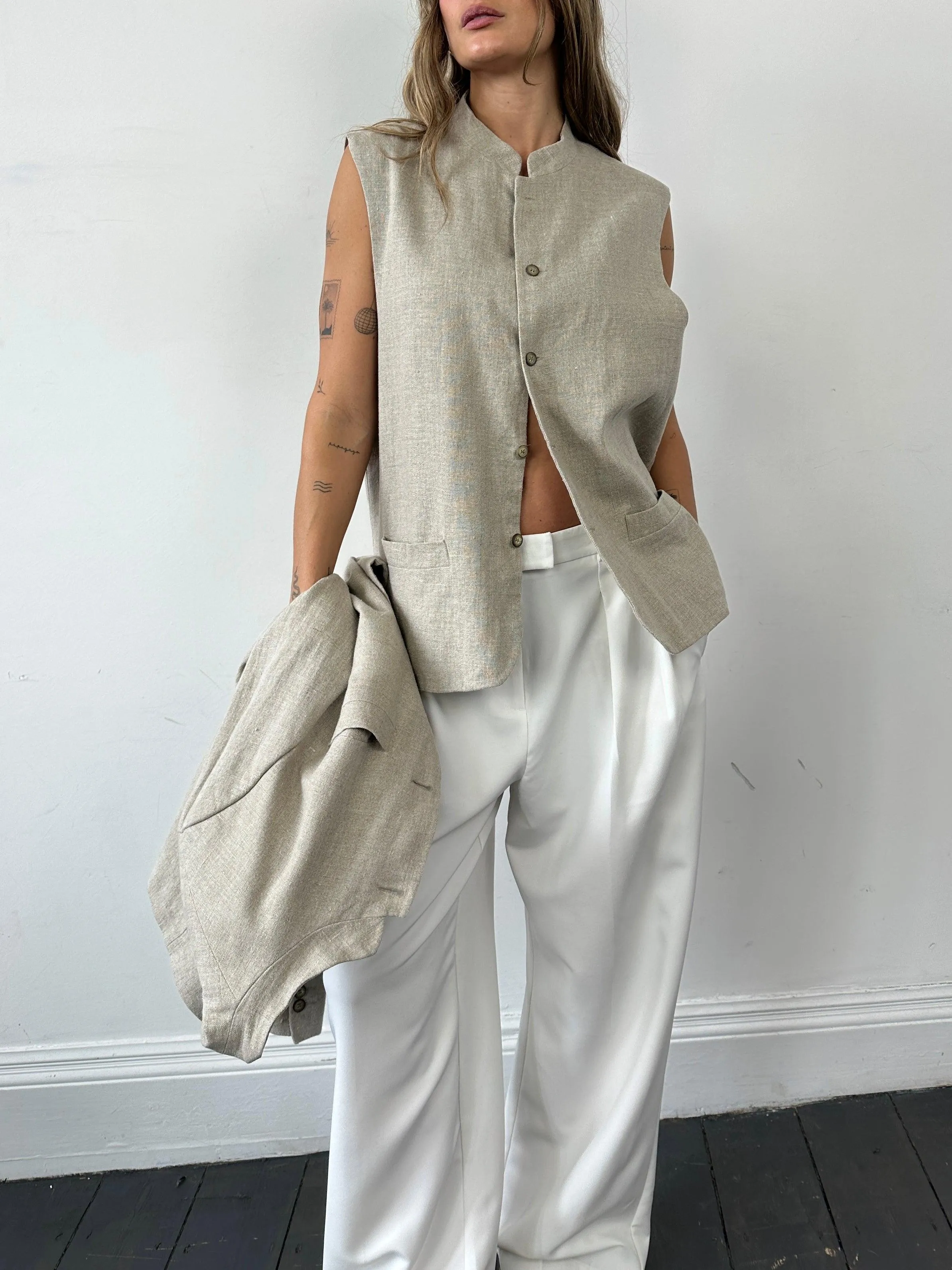 Vintage Pure Linen Two Piece Blazer Waistcoat Suit Set - XL