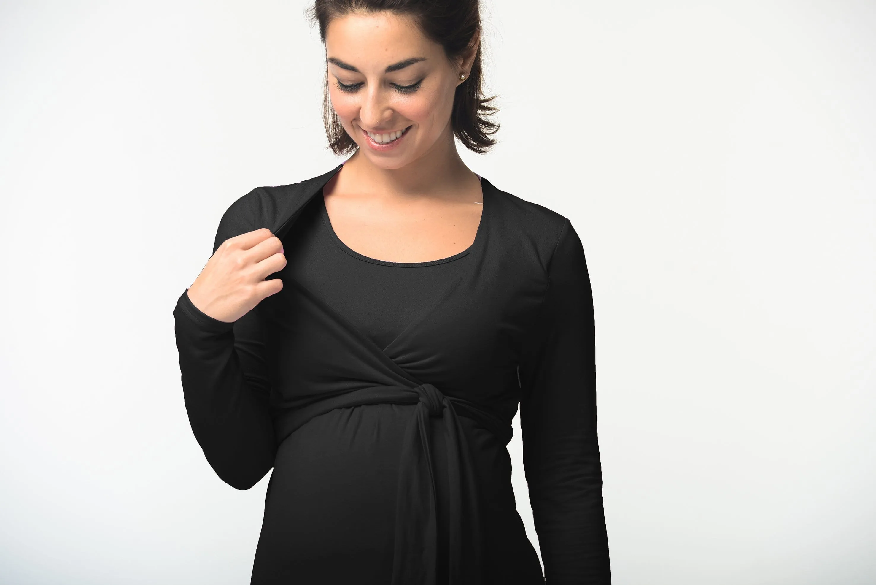 Virginia Tie Up Long Sleeve Bamboo Cotton Nursing Dress Black