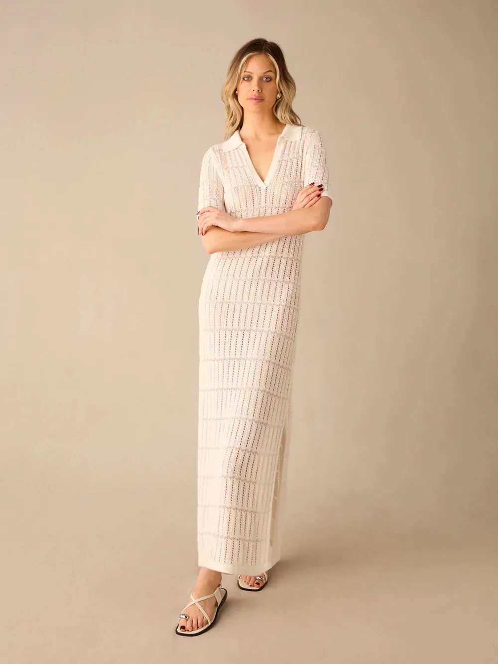 White Open Stitch Knit Collar Midi Dress