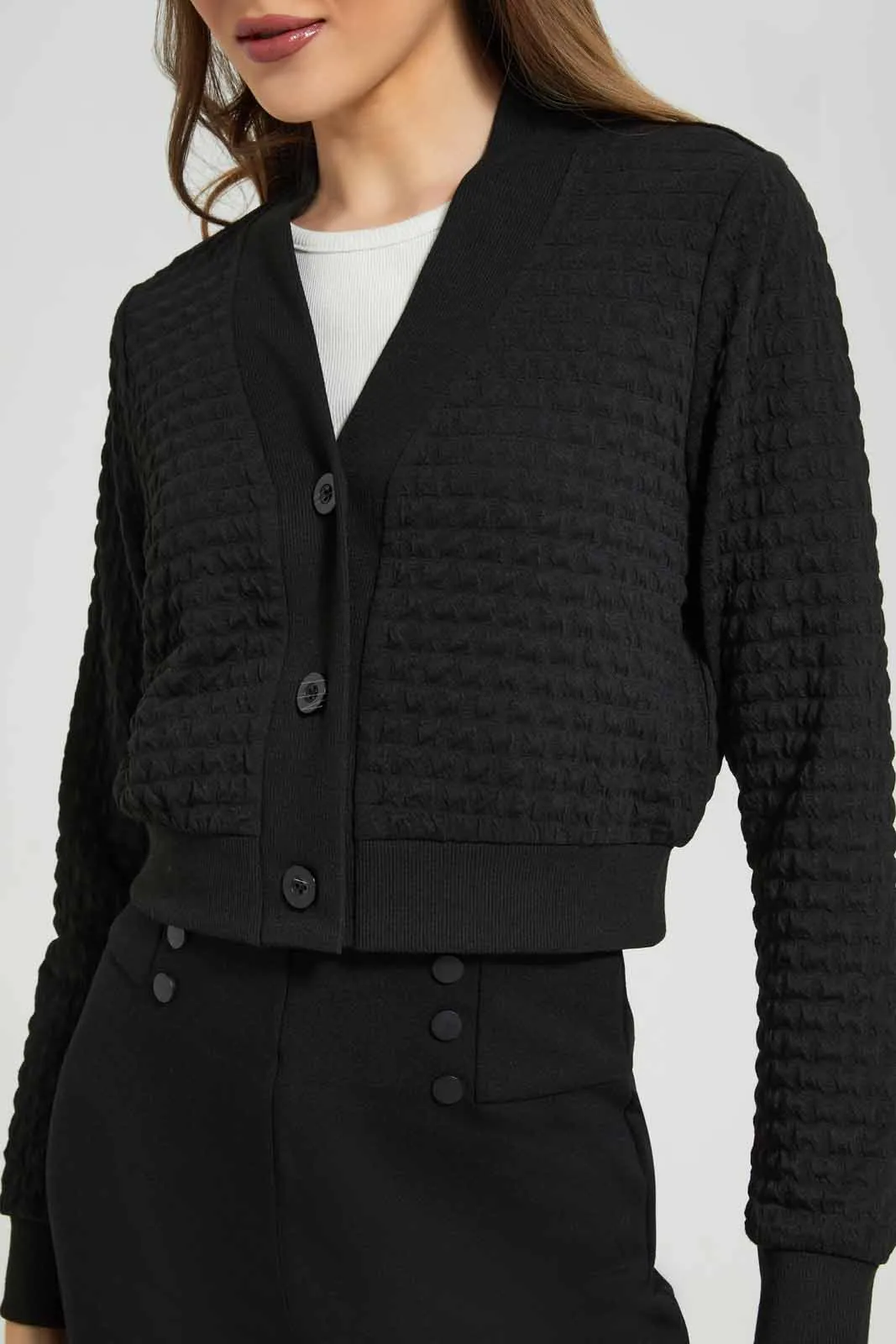 Women Black Jacquard Cardigan