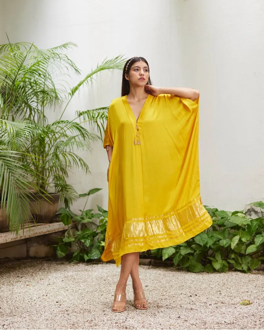 Yellow Silk Kaftan With Golden Border