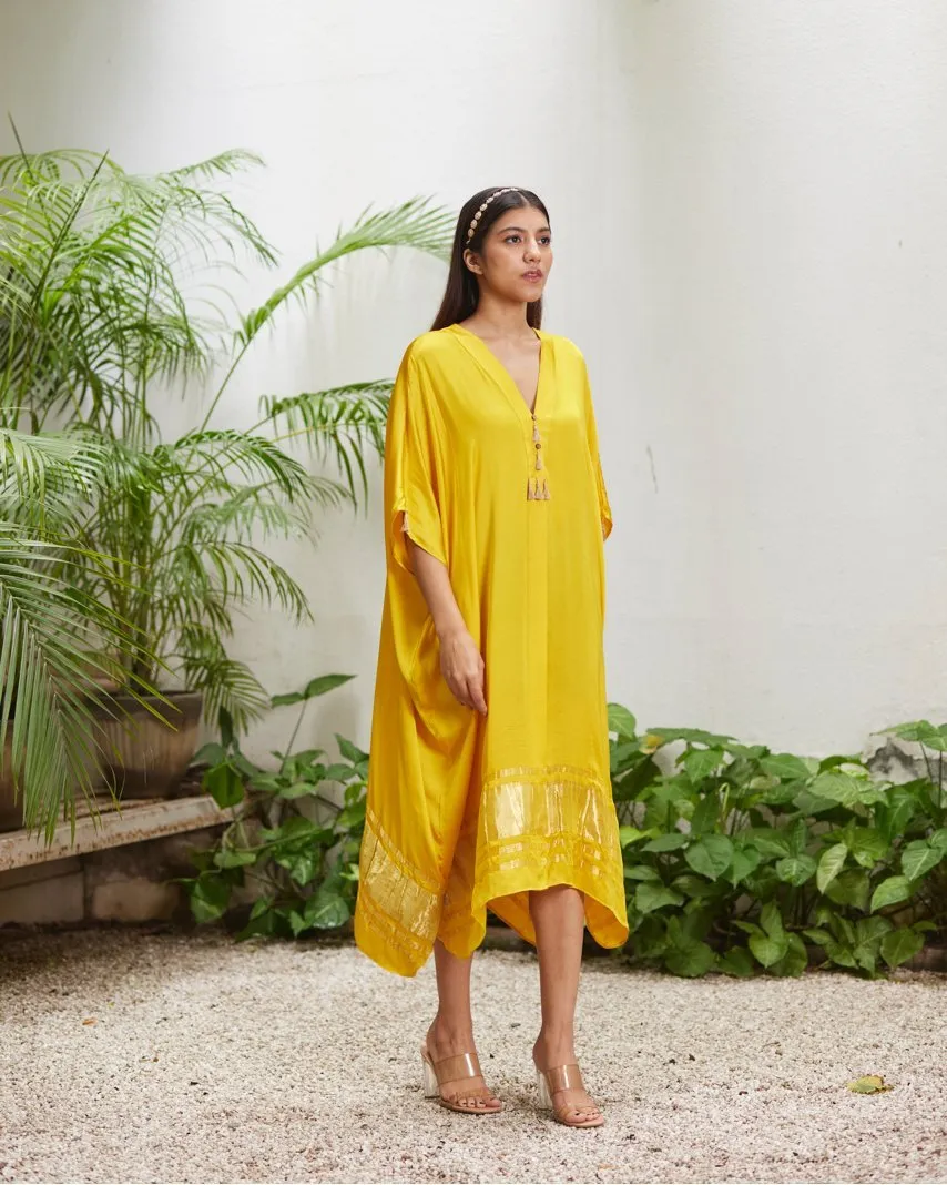 Yellow Silk Kaftan With Golden Border