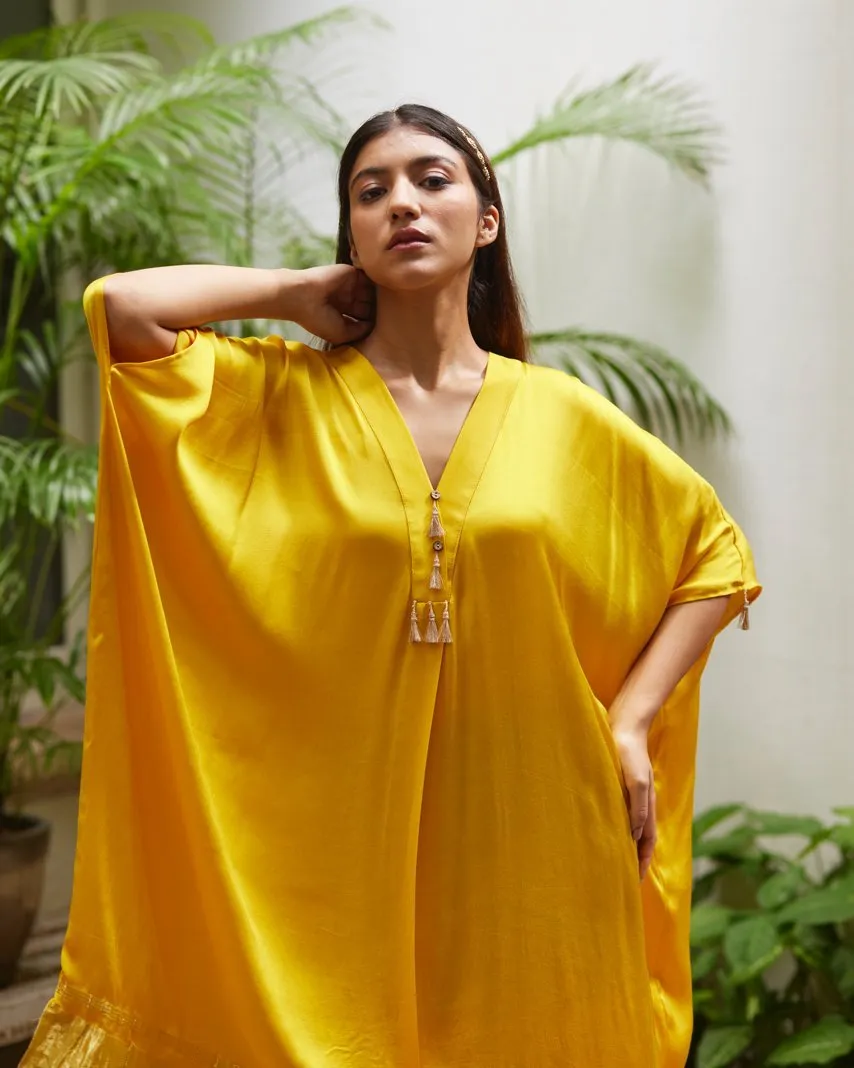 Yellow Silk Kaftan With Golden Border