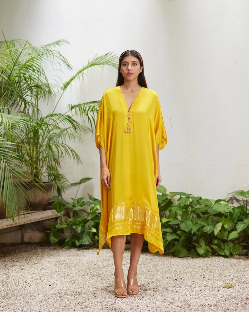 Yellow Silk Kaftan With Golden Border