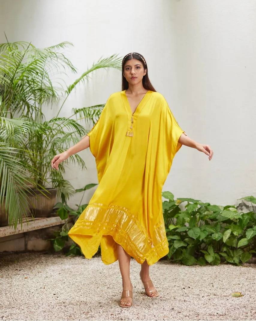 Yellow Silk Kaftan With Golden Border