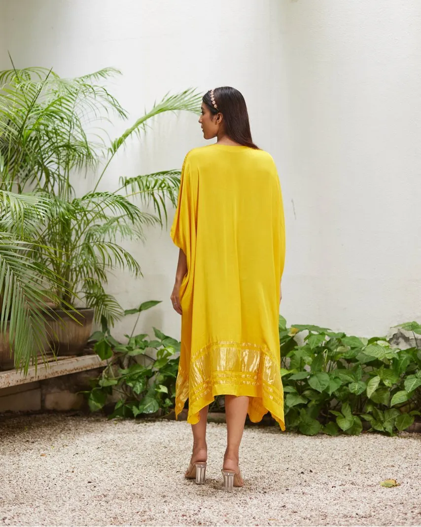 Yellow Silk Kaftan With Golden Border